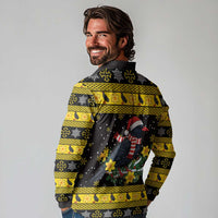 Flintshire Wales Christmas Long Sleeve Polo Shirt Welsh Red-billed Chough with Daffodil - Wonder Print Shop