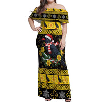 Flintshire Wales Christmas Off Shoulder Maxi Dress Welsh Red-billed Chough with Daffodil - Wonder Print Shop