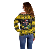 Flintshire Wales Christmas Off Shoulder Sweater Welsh Red-billed Chough with Daffodil - Wonder Print Shop