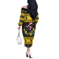 Flintshire Wales Christmas Off The Shoulder Long Sleeve Dress Welsh Red-billed Chough with Daffodil - Wonder Print Shop