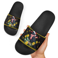 Flintshire Wales Christmas Slide Sandals Welsh Red-billed Chough with Daffodil - Wonder Print Shop
