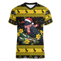 Flintshire Wales Christmas Women V-Neck T-Shirt Welsh Red-billed Chough with Daffodil - Wonder Print Shop