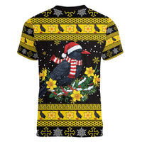 Flintshire Wales Christmas Women V-Neck T-Shirt Welsh Red-billed Chough with Daffodil - Wonder Print Shop