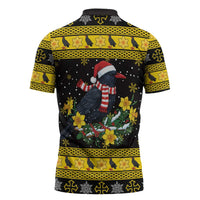 Flintshire Wales Christmas Zipper Polo Shirt Welsh Red-billed Chough with Daffodil - Wonder Print Shop
