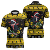 Flintshire Wales Christmas Zipper Polo Shirt Welsh Red-billed Chough with Daffodil - Wonder Print Shop