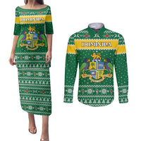 Personalized Dominica Christmas Couples Matching Puletasi and Long Sleeve Button Shirt Coat of Arms Style - Wonder Print Shop