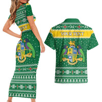 Personalized Dominica Christmas Couples Matching Short Sleeve Bodycon Dress and Hawaiian Shirt Coat of Arms Style - Wonder Print Shop