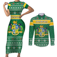 Personalized Dominica Christmas Couples Matching Short Sleeve Bodycon Dress and Long Sleeve Button Shirt Coat of Arms Style - Wonder Print Shop