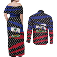 Haiti Beast Couples Matching Off Shoulder Maxi Dress and Long Sleeve Button Shirt Ripped Flag Graphic - Wonder Print Shop
