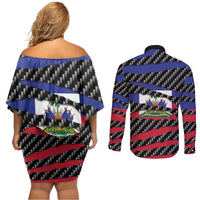 Haiti Beast Couples Matching Off Shoulder Short Dress and Long Sleeve Button Shirt Ripped Flag Graphic - Wonder Print Shop