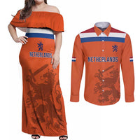 Custom World Football 2026 Netherlands Couples Matching Off Shoulder Maxi Dress and Long Sleeve Button Shirt Holland Oranje Dutch Lion - Wonder Print Shop
