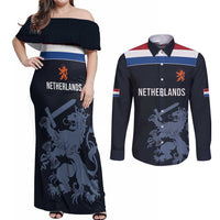 Custom World Football 2026 Netherlands Couples Matching Off Shoulder Maxi Dress and Long Sleeve Button Shirt Holland Navy Dutch Lion - Wonder Print Shop