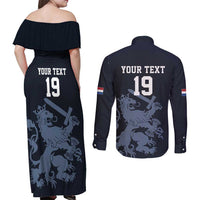 Custom World Football 2026 Netherlands Couples Matching Off Shoulder Maxi Dress and Long Sleeve Button Shirt Holland Navy Dutch Lion - Wonder Print Shop