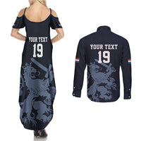 Custom World Football 2026 Netherlands Couples Matching Summer Maxi Dress and Long Sleeve Button Shirt Holland Navy Dutch Lion - Wonder Print Shop