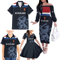 Custom World Football 2026 Netherlands Family Matching Off The Shoulder Long Sleeve Dress and Hawaiian Shirt Holland Navy Dutch Lion - Wonder Print Shop