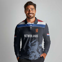 Custom World Football 2026 Netherlands Long Sleeve Polo Shirt Holland Navy Dutch Lion - Wonder Print Shop
