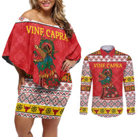 Personalized Romania Christmas Couples Matching Off Shoulder Short Dress and Long Sleeve Button Shirt Romanian Carpet The Goat Dance - Wonder Print Shop