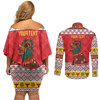 Personalized Romania Christmas Couples Matching Off Shoulder Short Dress and Long Sleeve Button Shirt Romanian Carpet The Goat Dance - Wonder Print Shop