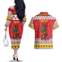 Personalized Romania Christmas Couples Matching Off The Shoulder Long Sleeve Dress and Hawaiian Shirt Romanian Carpet The Goat Dance - Wonder Print Shop