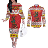 Personalized Romania Christmas Couples Matching Off The Shoulder Long Sleeve Dress and Long Sleeve Button Shirt Romanian Carpet The Goat Dance - Wonder Print Shop