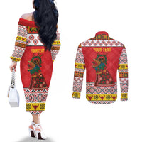 Personalized Romania Christmas Couples Matching Off The Shoulder Long Sleeve Dress and Long Sleeve Button Shirt Romanian Carpet The Goat Dance - Wonder Print Shop