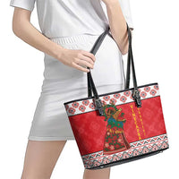 Personalized Romania Christmas Leather Tote Bag Romanian Carpet The Goat Dance - Wonder Print Shop