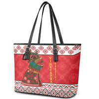Personalized Romania Christmas Leather Tote Bag Romanian Carpet The Goat Dance - Wonder Print Shop