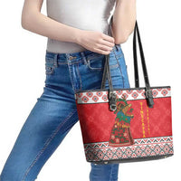 Personalized Romania Christmas Leather Tote Bag Romanian Carpet The Goat Dance - Wonder Print Shop