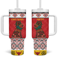 Personalized Romania Christmas Tumbler With Handle Romanian Carpet The Goat Dance - Wonder Print Shop