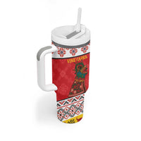 Personalized Romania Christmas Tumbler With Handle Romanian Carpet The Goat Dance - Wonder Print Shop
