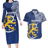 Finland Nordic Lion Couples Matching Long Sleeve Bodycon Dress and Hawaiian Shirt Pride Of Suomi - Wonder Print Shop