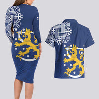 Finland Nordic Lion Couples Matching Long Sleeve Bodycon Dress and Hawaiian Shirt Pride Of Suomi - Wonder Print Shop