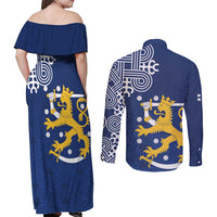 Finland Nordic Lion Couples Matching Off Shoulder Maxi Dress and Long Sleeve Button Shirt Pride Of Suomi - Wonder Print Shop