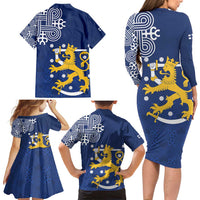 Finland Nordic Lion Family Matching Long Sleeve Bodycon Dress and Hawaiian Shirt Pride Of Suomi - Wonder Print Shop