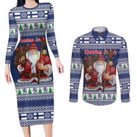 Funny Finland Christmas Couples Matching Long Sleeve Bodycon Dress and Long Sleeve Button Shirt Hauskaa Joulua Joulupukki - Wonder Print Shop