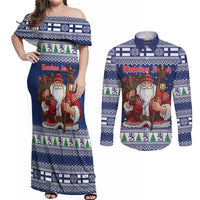 Funny Finland Christmas Couples Matching Off Shoulder Maxi Dress and Long Sleeve Button Shirt Hauskaa Joulua Joulupukki - Wonder Print Shop