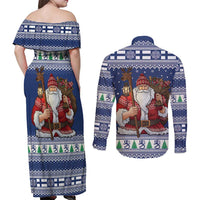 Funny Finland Christmas Couples Matching Off Shoulder Maxi Dress and Long Sleeve Button Shirt Hauskaa Joulua Joulupukki - Wonder Print Shop