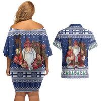 Funny Finland Christmas Couples Matching Off Shoulder Short Dress and Hawaiian Shirt Hauskaa Joulua Joulupukki - Wonder Print Shop