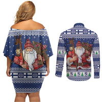 Funny Finland Christmas Couples Matching Off Shoulder Short Dress and Long Sleeve Button Shirt Hauskaa Joulua Joulupukki - Wonder Print Shop