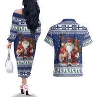 Funny Finland Christmas Couples Matching Off The Shoulder Long Sleeve Dress and Hawaiian Shirt Hauskaa Joulua Joulupukki - Wonder Print Shop