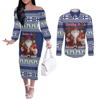 Funny Finland Christmas Couples Matching Off The Shoulder Long Sleeve Dress and Long Sleeve Button Shirt Hauskaa Joulua Joulupukki - Wonder Print Shop