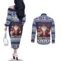 Funny Finland Christmas Couples Matching Off The Shoulder Long Sleeve Dress and Long Sleeve Button Shirt Hauskaa Joulua Joulupukki - Wonder Print Shop