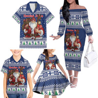 Funny Finland Christmas Family Matching Off The Shoulder Long Sleeve Dress and Hawaiian Shirt Hauskaa Joulua Joulupukki - Wonder Print Shop