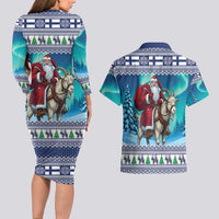 Finland Joulupukki Christmas Couples Matching Long Sleeve Bodycon Dress and Hawaiian Shirt Riding the Yule Goat - Wonder Print Shop