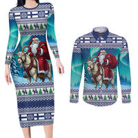 Finland Joulupukki Christmas Couples Matching Long Sleeve Bodycon Dress and Long Sleeve Button Shirt Riding the Yule Goat - Wonder Print Shop