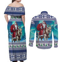 Finland Joulupukki Christmas Couples Matching Off Shoulder Maxi Dress and Long Sleeve Button Shirt Riding the Yule Goat - Wonder Print Shop