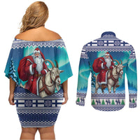 Finland Joulupukki Christmas Couples Matching Off Shoulder Short Dress and Long Sleeve Button Shirt Riding the Yule Goat - Wonder Print Shop