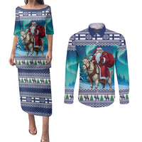 Finland Joulupukki Christmas Couples Matching Puletasi and Long Sleeve Button Shirt Riding the Yule Goat - Wonder Print Shop