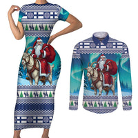 Finland Joulupukki Christmas Couples Matching Short Sleeve Bodycon Dress and Long Sleeve Button Shirt Riding the Yule Goat - Wonder Print Shop