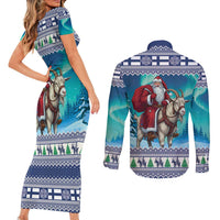Finland Joulupukki Christmas Couples Matching Short Sleeve Bodycon Dress and Long Sleeve Button Shirt Riding the Yule Goat - Wonder Print Shop
